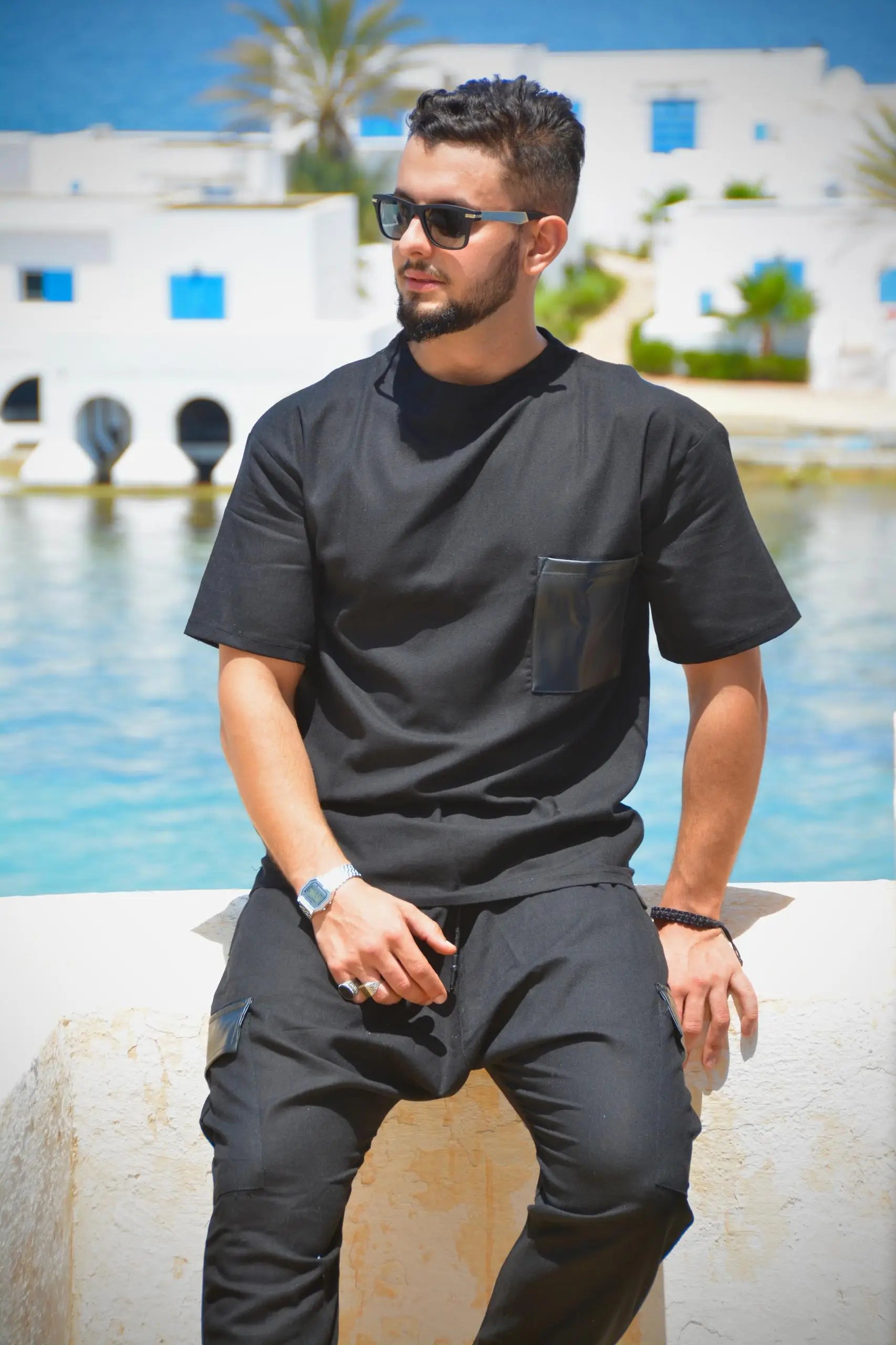 Ensemble en lin poche en cuir