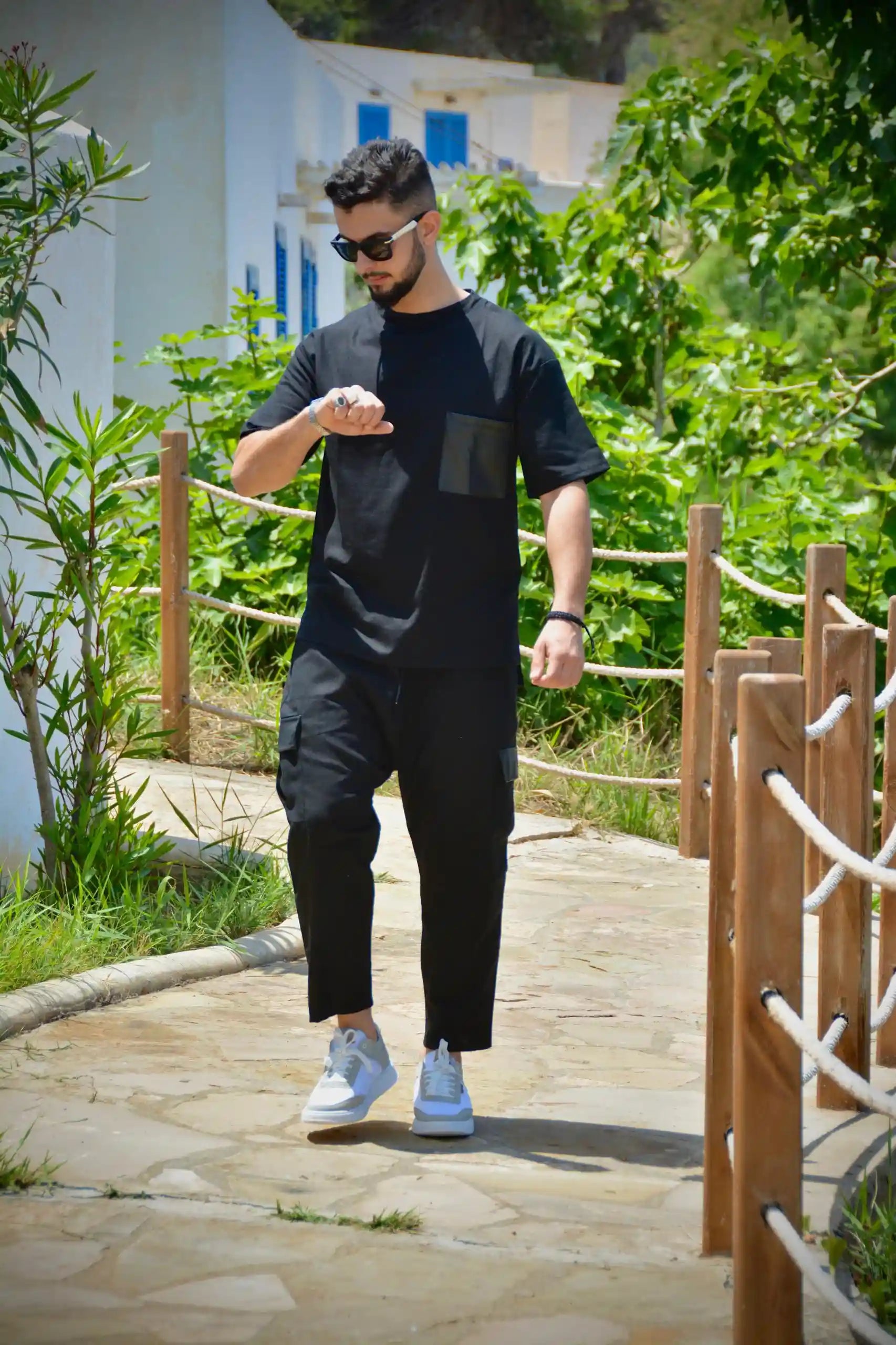 Ensemble en lin poche en cuir