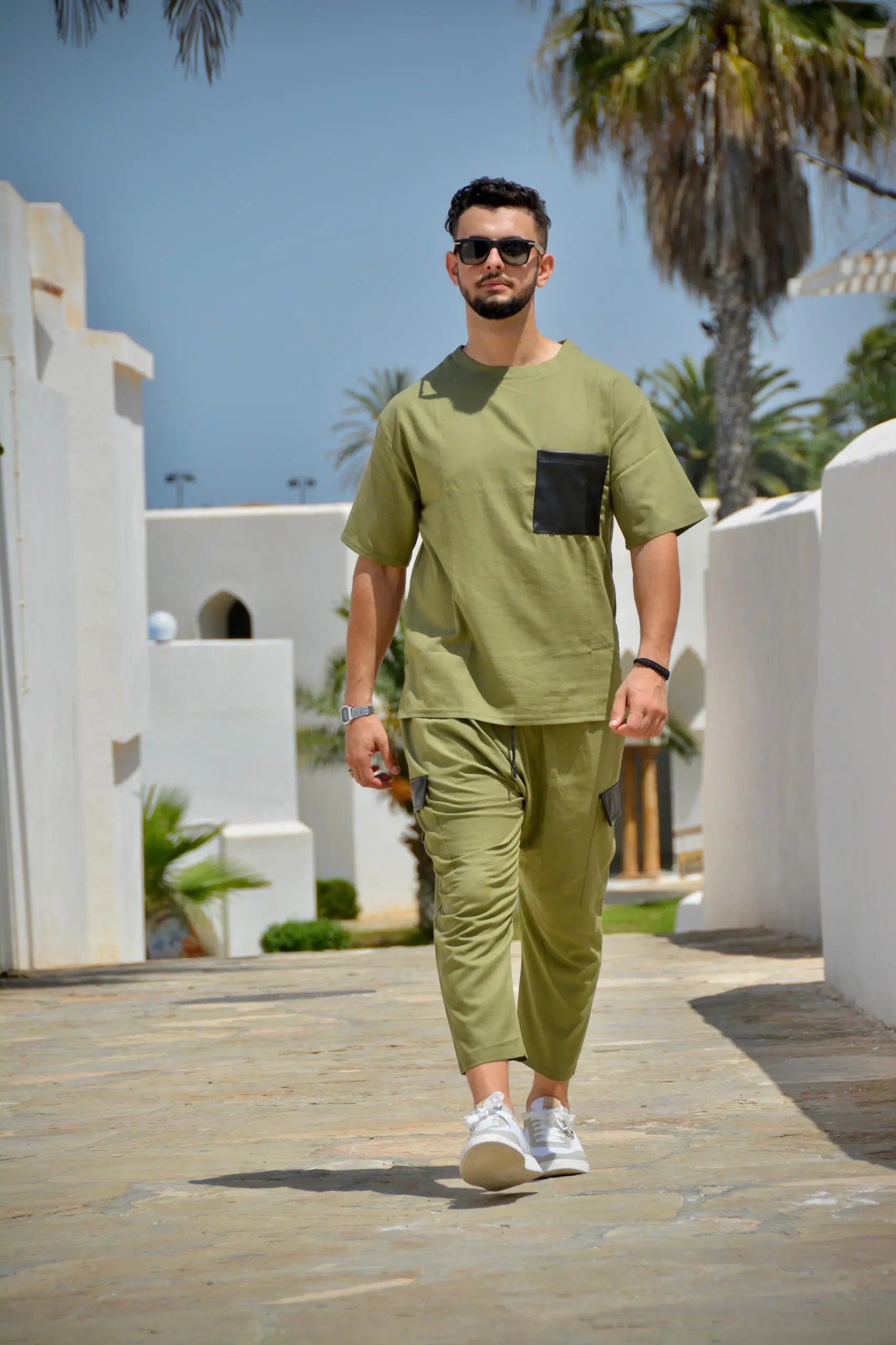 Ensemble en lin poche en cuir